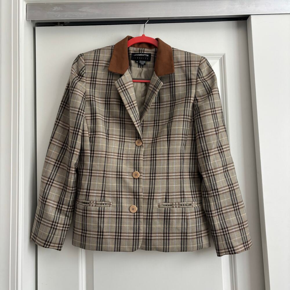 Vintage Liz‎ Claiborne Classic Wool Plaid Tweed Suede Collar Jacket 4 Academic